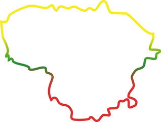This image shows the map silhouette of Lithuania filled with the national flag's horizontal tricolor of yellow, green, and red.