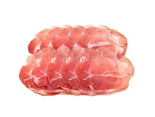 Slices of Fiocchetto,also known as Fiocco di Culatello, on white background. It is a typical italian salami  obtained by processing the  rear part of the thigh of selected pigs of Emilia region.