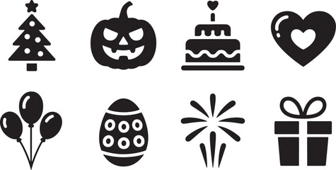 Naklejka premium Eight Black Holiday Celebration Icons Christmas Tree Pumpkin Cake Heart Balloons Egg Fireworks Gift halloween