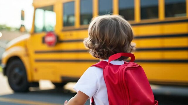 Happy and excited little boy with a red backpack showing thumbs up against a yellow school bus background
 - Powered by Adobe
