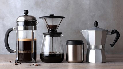 A variety of coffee brewing methods in a minimal kitchen including French press espresso and moka pot setups