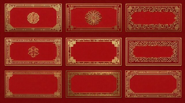 Chinese borders. Gold on red asian new year decorative traditional frames, oriental line vintage japanese pattern for image frame set, no logos, no brands