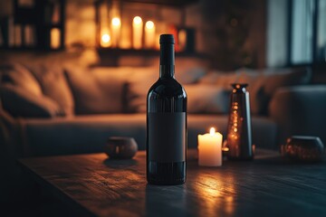 Wine bottle on a wooden table, lit by candlelight in a cozy living room