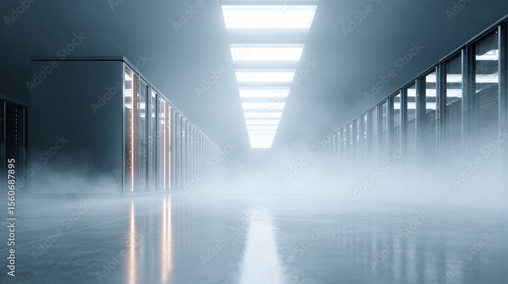 Poster futuristic server room with dense fog. ideal for illustrating concepts like data, cloud, innovation,