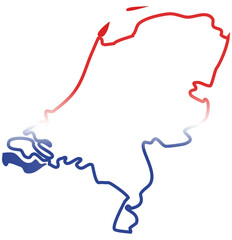 A stylized map of the Netherlands filled with the national flag's horizontal red, white, and blue stripes.