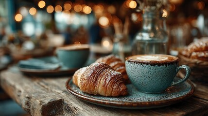 Friends enjoying cappuccino and croissants at a rustic coffee shop table in cozy setting