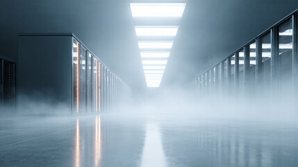 Futuristic server room with dense fog. Ideal for illustrating concepts like data, cloud, innovation, security, technology and network infrastructure.