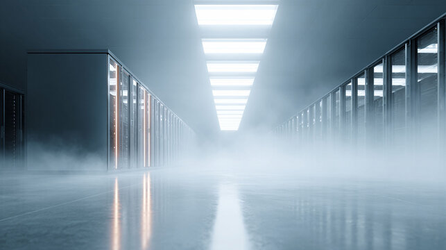 Futuristic server room with dense fog. Ideal for illustrating concepts like data, cloud, innovation, security, technology and network infrastructure.