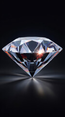 A dazzling, exquisitely cut diamond brilliantly reflects light on a sleek black surface, showcasing its sparkling facets and exceptional clarity in detail.
