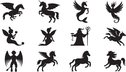 Ten Black Silhouette Fantasy Creature Icons Dragons Unicorns Pegasus Fairies Wizard fairy