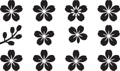 Obraz premium Ten Black Silhouettes of Japanese Sakura Flowers and Buds Set on White Background Various Styles Simple Designs
