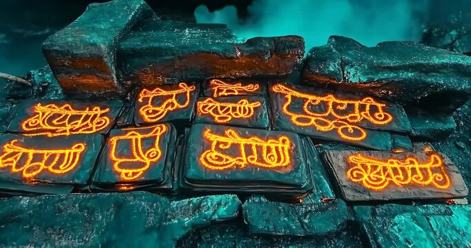 Glowing hot orange calligraphy on dark stones with smoke, creating a mystical atmosphere.