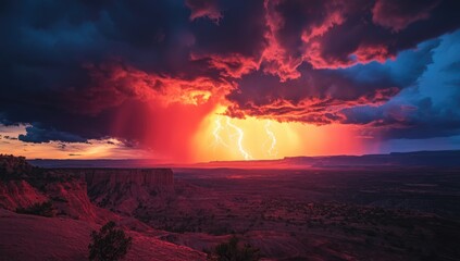 Dramatic sunset storm over desert landscape