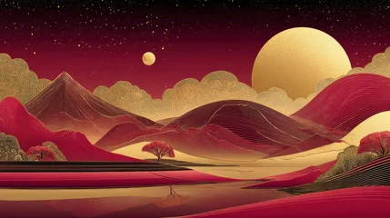 Gordijnen landscape wallpaper design with Golden mountain line arts, luxury background design for cover, invitation background, packaging design, fabric, and print. Vector illustration., no logos, no brands © Johannes