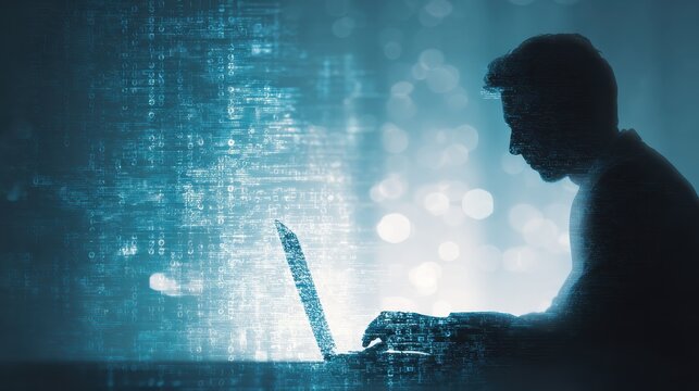 Business person working on computer against technology background, no logos, no brands