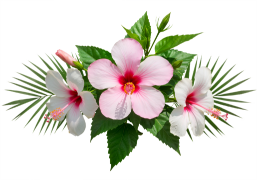 Vibrant Hibiscus Flowers with Green Leaves Against White Background, Radiating Tropical Beauty and Natural Elegance PNG