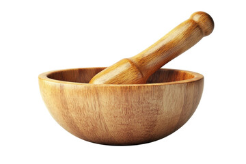 Rustic wooden mortar and pestle tools for grinding herbs and spices set against a dark on transparent background