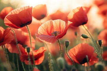Sunset hues on a field of vibrant poppies.  Soft light bathes a multitude of blossoms