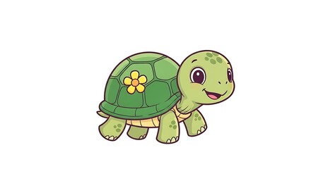 Obraz premium Cartoon illustration of a green turtle with a flower on its shell against white background