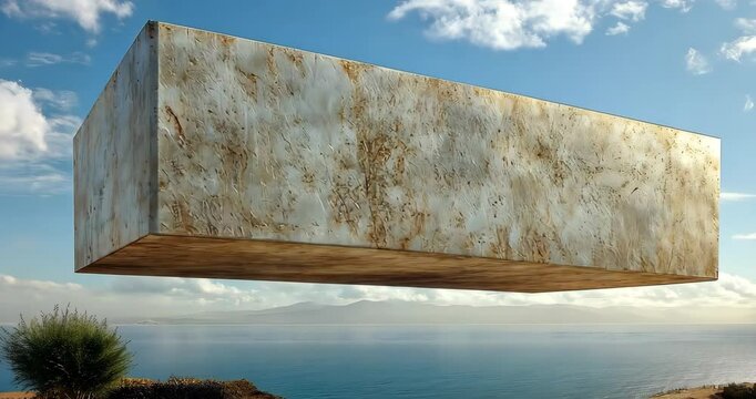 A large rectangular block floats above a serene landscape overlooking a body of water.