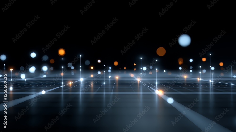 Poster black and white image of a cityscape with many lights and dots. the image has a futuristic and techn