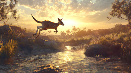 Morning leap by energetic kangaroo moment high resolution picture
