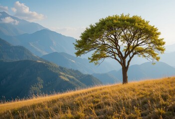 Tree on a Golden Hillside Against Mountain Background
