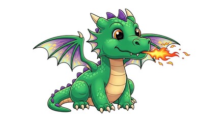 A cartoon green dragon with purple accents sitting and breathing fire on a white background image