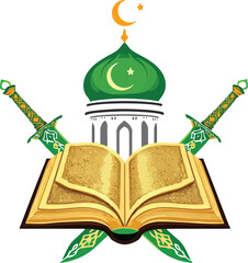 Islamic Emblem Vector – Illustration of Green Dome with Crescent Moon, Quran, and Crossed Swords Symbolizing Faith and Heritage