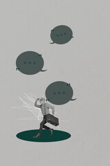 Vertical image photo collage of happy girl guy stand bubble communication chatterbox speech...