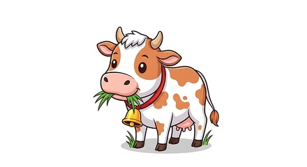 Obraz premium Cartoon cow with brown spots eating grass and wearing a bell on a white background illustration