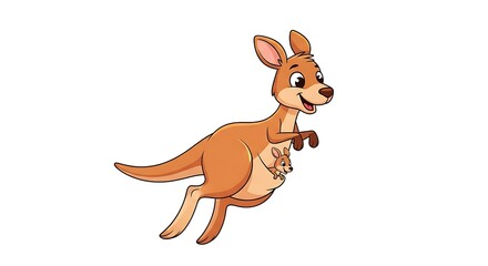 Cartoon kangaroo with a joey in its pouch jumping on a white background in a vector illustration