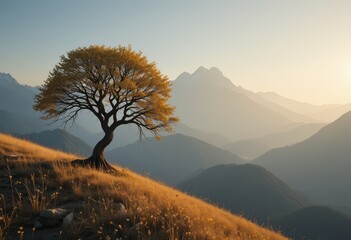 Tree on a Golden Hillside Against Mountain Background