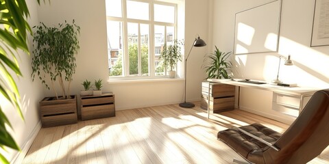 Bright, sun-drenched home office with wooden furniture and greenery