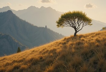 Tree on a Golden Hillside Against Mountain Background