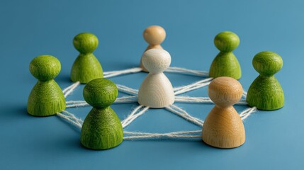 Obraz premium Team building and social networking concept with green wooden figures connected by white lines on blue surface. 3D rendering, no logos, no brands