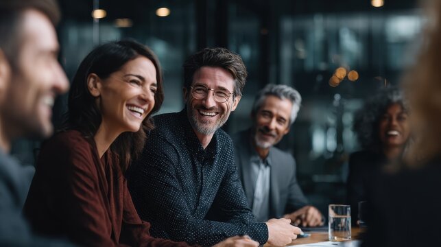 Group of smiling businesspeople talking together during a meeting around a table in the boardroom of a modern office, no logos, no brands