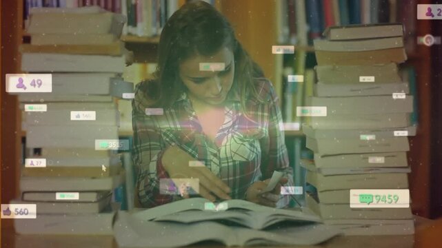 female student scanning at education library activating floating user count likes comments icons