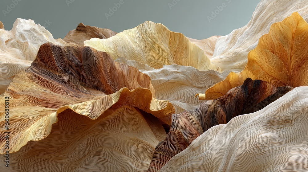 Poster close up of a mountain range with a few leaves scattered around. the leaves are brown and white, and