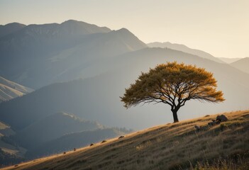Tree on a Golden Hillside Against Mountain Background