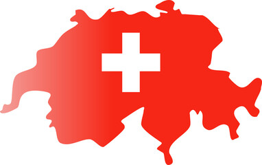 A red silhouette of Switzerland filled with a gradient and featuring a bold white cross, representing the national flag.