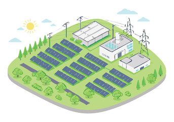 Solar panels farm power plant with solar cell green energy ecology powerhouse concept electricity in nature isometric vector designed.
