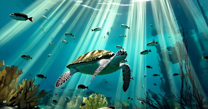 Underwater static shot: A sea turtle swims gracefully among fish and coral in sunlit turquoise water.