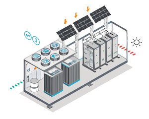 Green hydrogen simple power plant concept with solar cell and wind turbine energy for h2 semi truck transporter ecology powerhouse electricity isometric vector designed. 