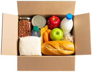Open Donation Box with Mixed Food Supplies, Top View, Transparent PNG