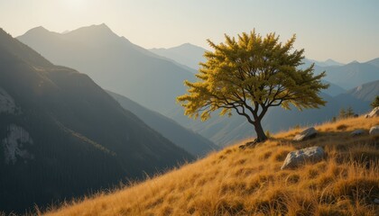 Tree on a Golden Hillside Against Mountain Background