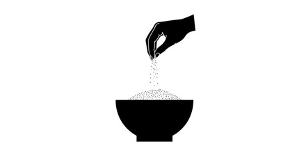 Black hand sprinkling salt into a bowl on a transparent background, minimalist style, copy space
