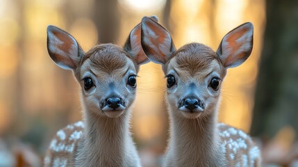 Cute twin fawns playfully exploring the forest during golden hour sunlight