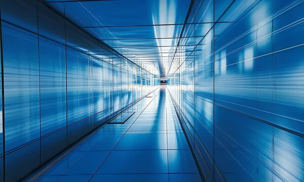 A tunnel-like structure in blue tones, featuring geometric design principles and illuminated with bright lighting for spatial emphasis.