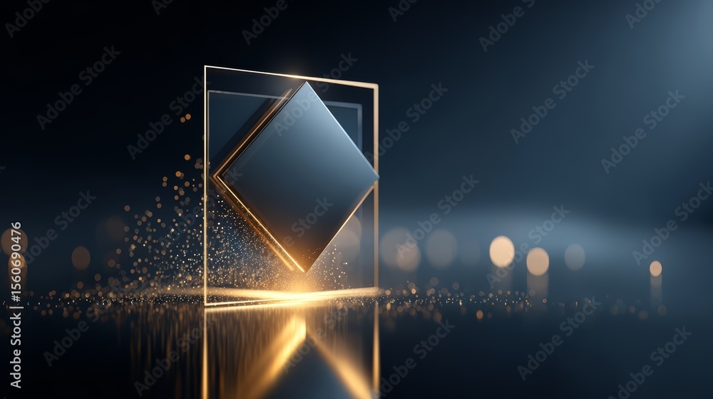 Poster cube is suspended in a frame with a blurry background. the cube is surrounded by a lot of light and 